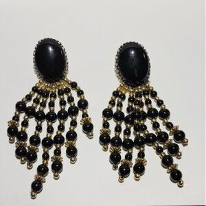 Vintage Chipita Inspired Gold Tone Black/Gold Bead Statement Drop/Dangle Studs